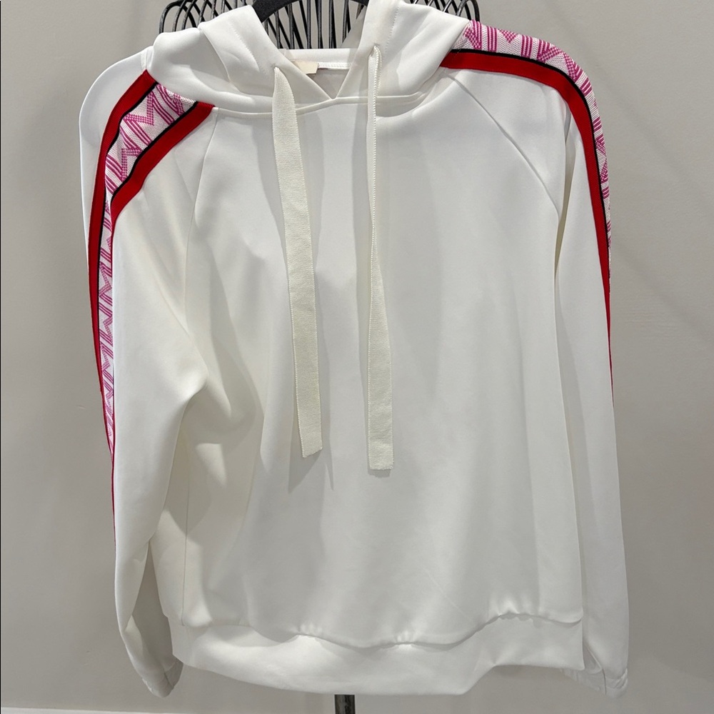 Maje Terrasse Neoprene  White Hoodie with Red Stripes and Pink Logo - Picture 6 of 7